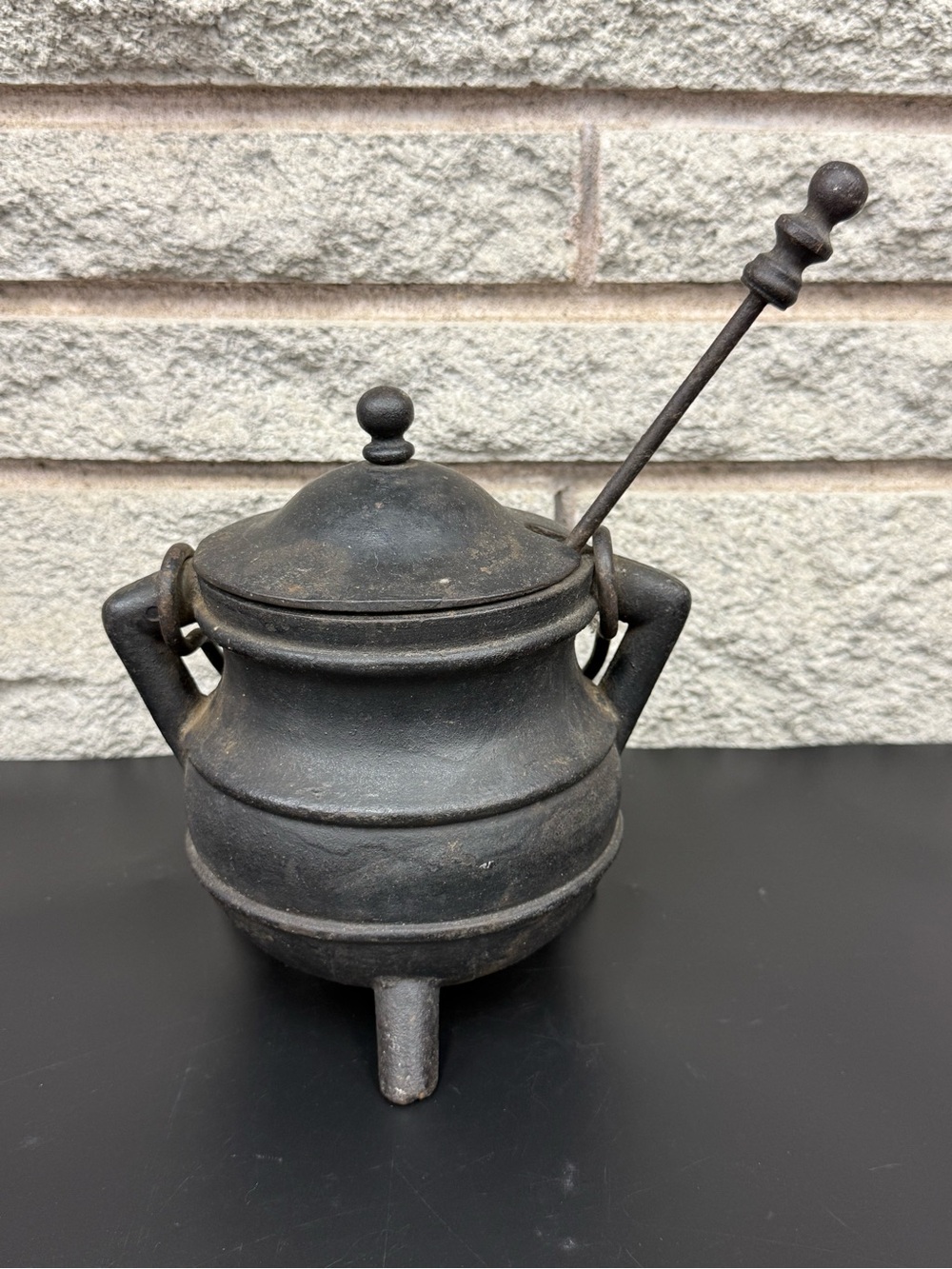 Antique c.1900 Cast Iron Fireplace Fire Starter Smudge Pot w/ Pumice Wand & Lid